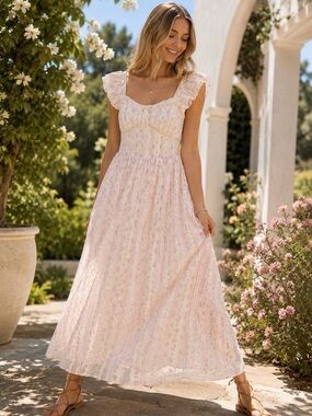 Rosie Posie Ivory Cream Pink Floral Maxi Dress Lace Eyelet Detail Small NWT!!